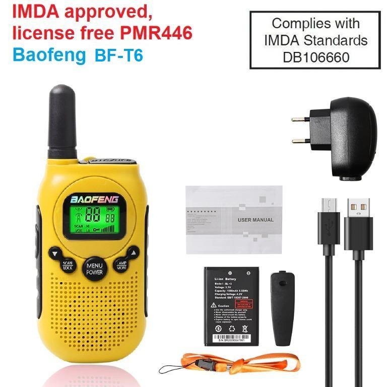 Mix and match Singapore ready stock, IMDA approved, license free PMR446  Baofeng BF-T6 kids radio walkie talkie 446.0-446.1MHz with removable  battery, belt clip, flash light, channels, Mobile Phones  Gadgets,  Walkie-Talkie