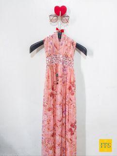 Pink floral halter maxi with plastic jewel design