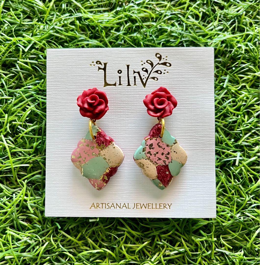 Red rose dangles fancy diamond oriental vibes handmade polymer