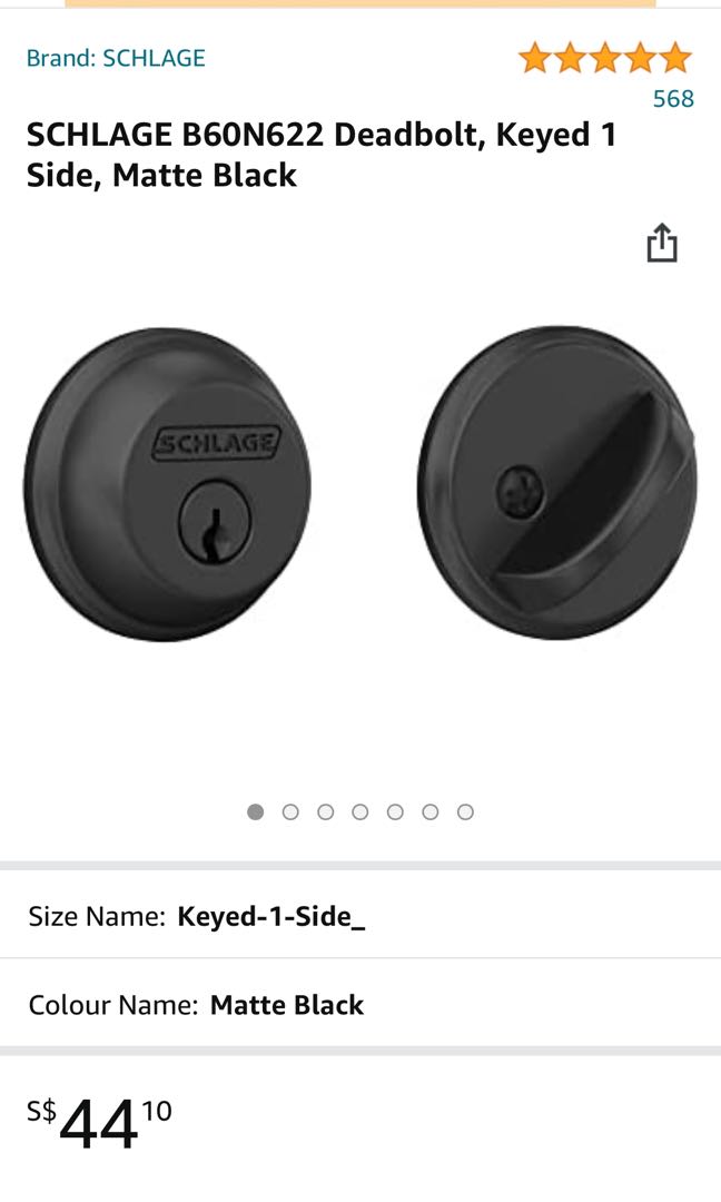 Schlage B60N622 Deadbolt, Keyed 1 Side, Matte Black