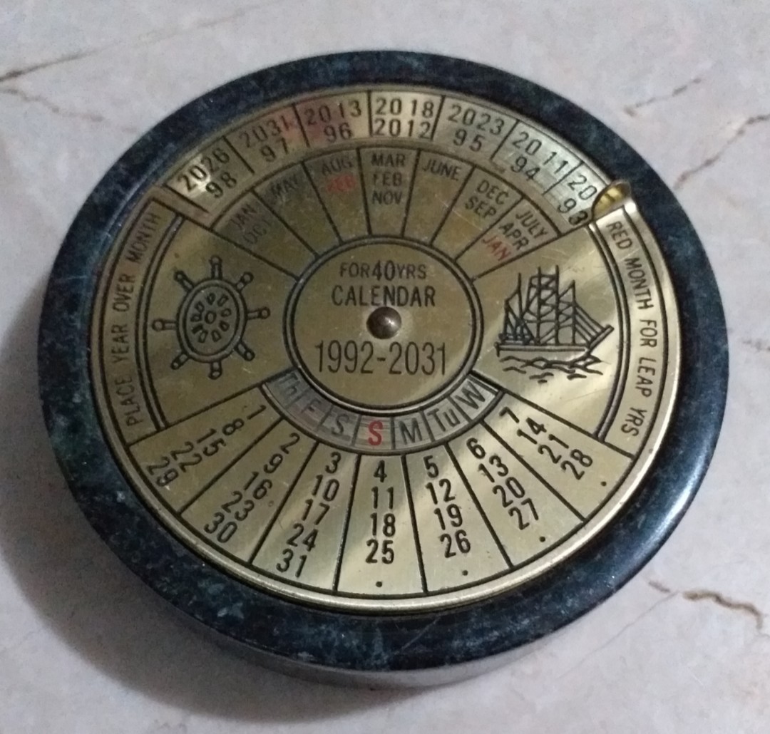 Vintage 40 year Calendar Brass Ship Manual 1992 2031 Travel Display Art