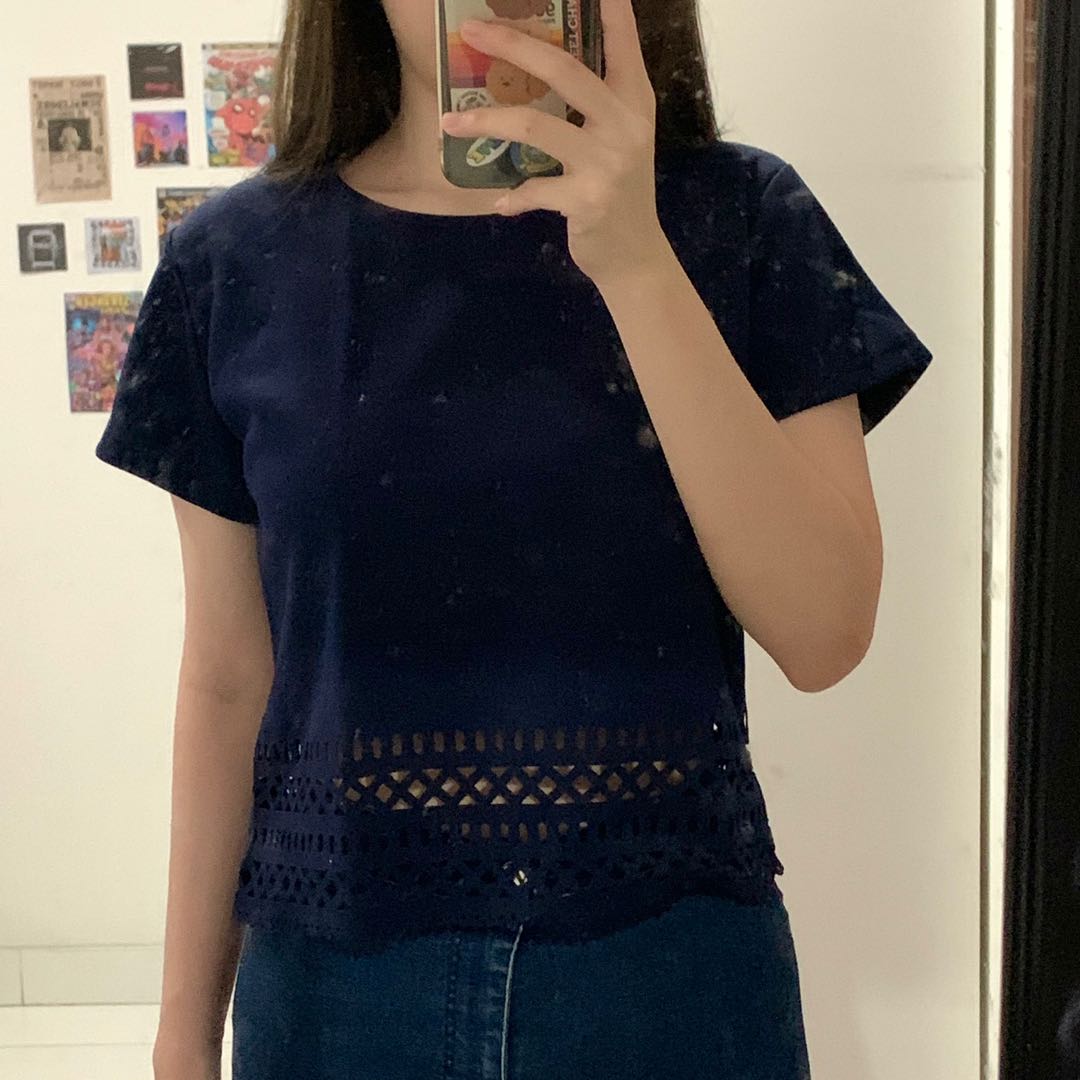 Women Navy Dark Blue Blouse Top, Fesyen 