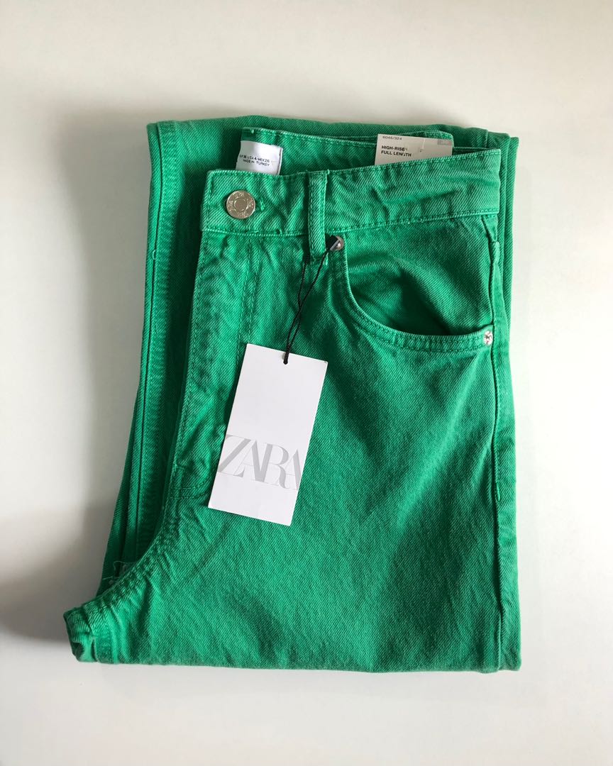 Zara High Rise Wide Leg Full Length Jeans Green, Women's Fashion