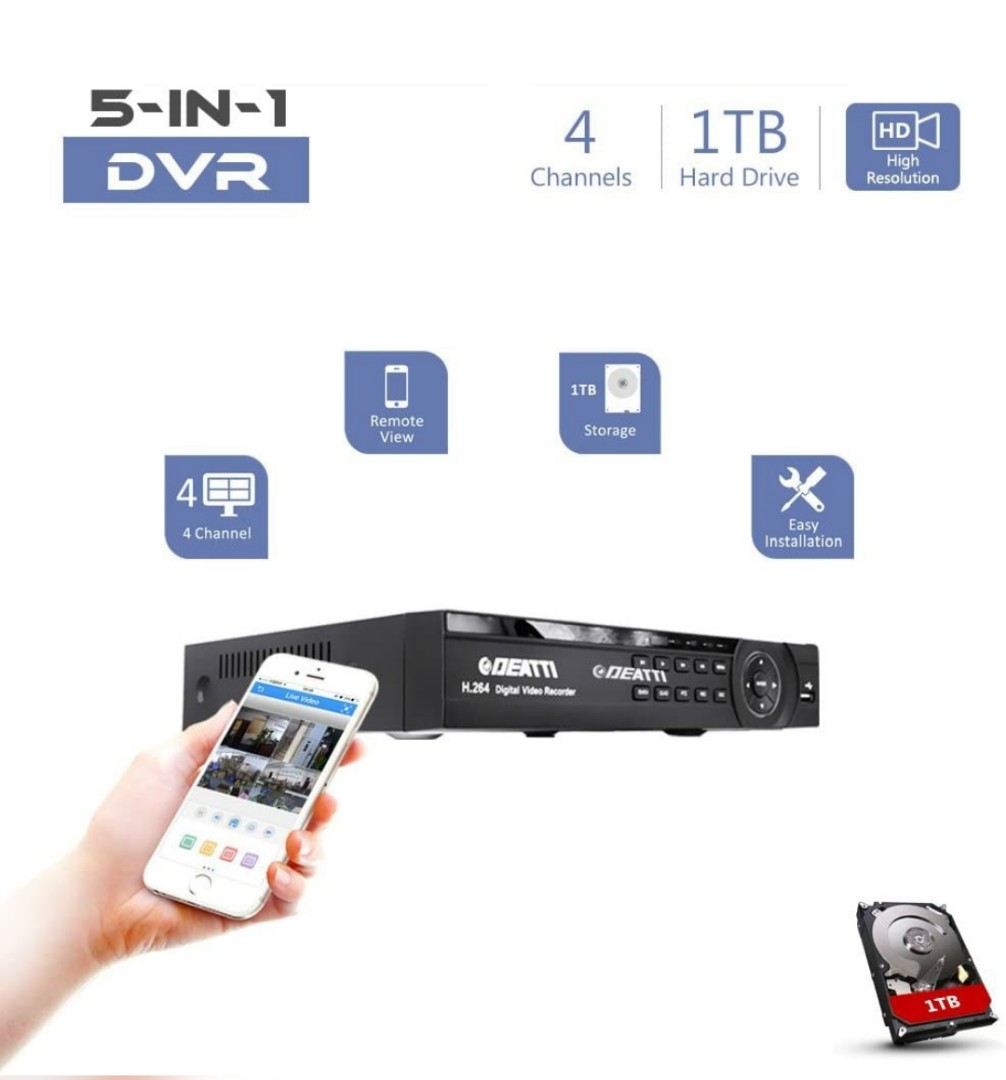 4 Channel CCTV DVR Recorder, DEATTI HD 1080P Lite 5in1 Hybrid DVR for