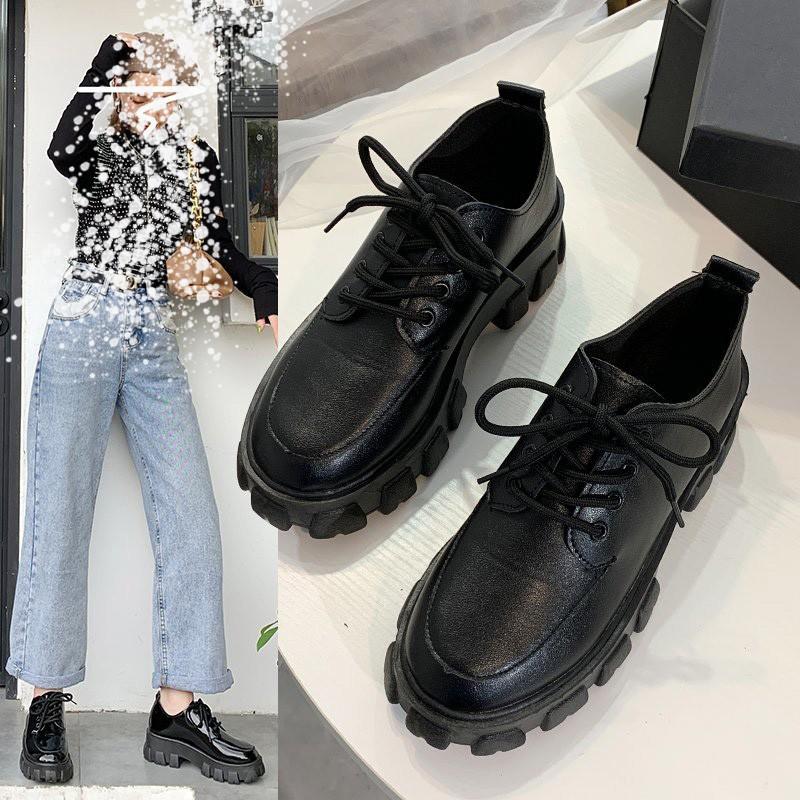 Black Matte Glossy Casual Formal Platform Shoes Vintage College Style Harajuku Uzzlang Korean Japanese Style PU Leather Shoes