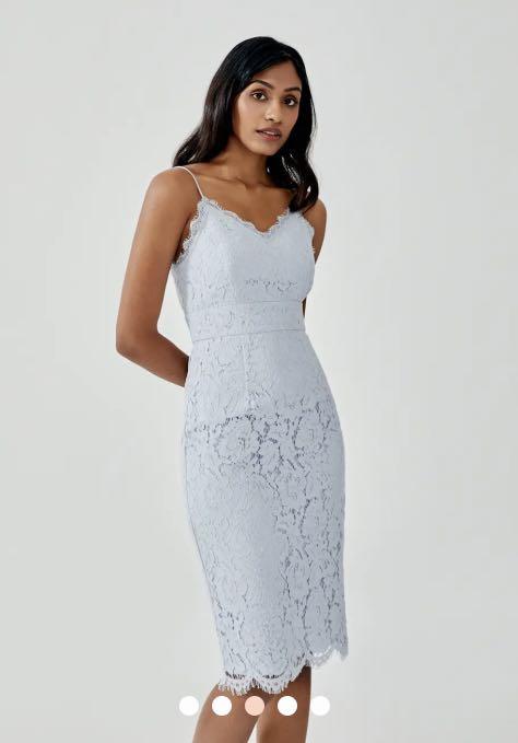 Pale blue lace hotsell plunge midi dress