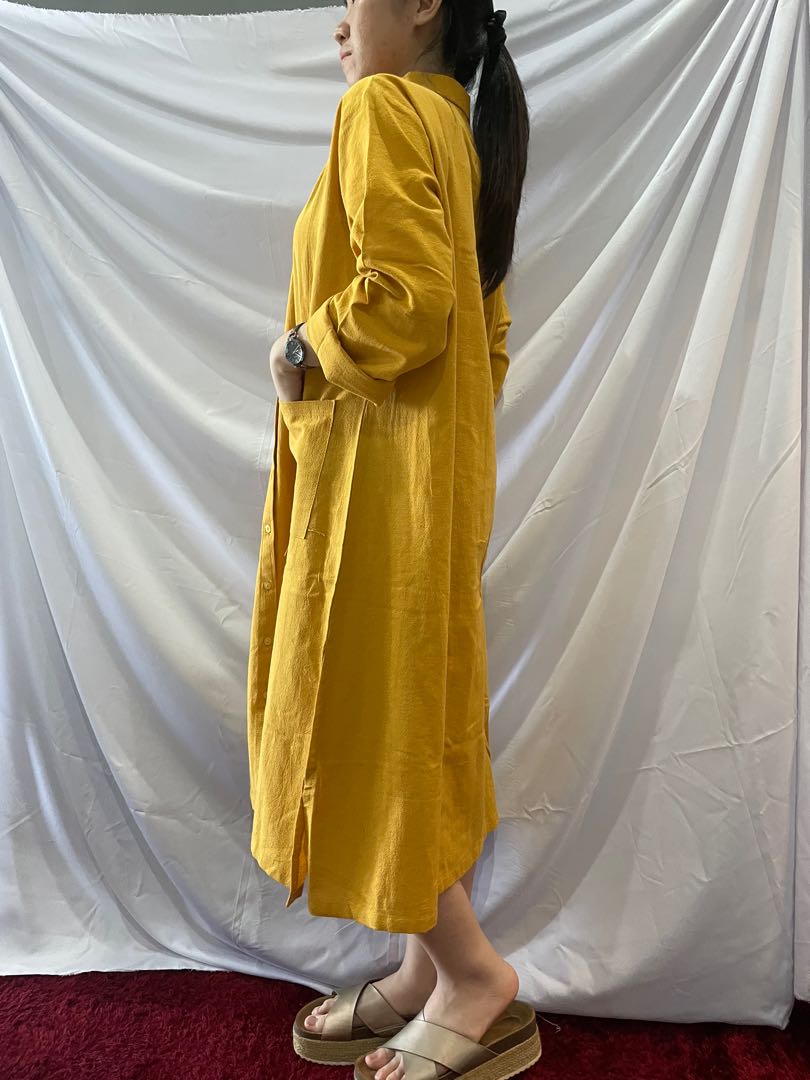 Oversized Dress in Mustard Korean Look Linen Dress, Fesyen Wanita