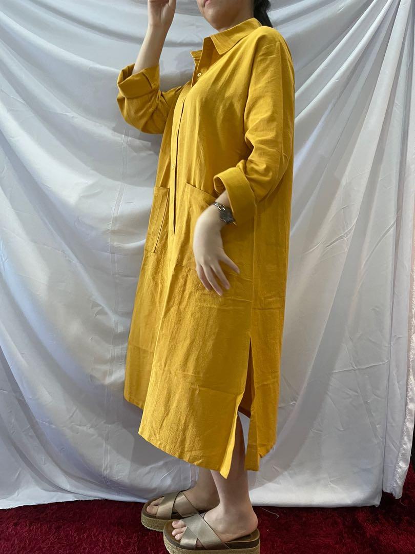 Oversized Dress in Mustard Korean Look Linen Dress, Fesyen Wanita