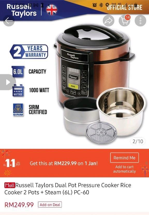 Pressure Cooker Russel Taylor dual pot, TV & Home Appliances, Kitchen