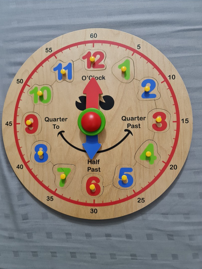 Wooden teaching clock, Hobbies & Toys, Toys & Games on Carousell
