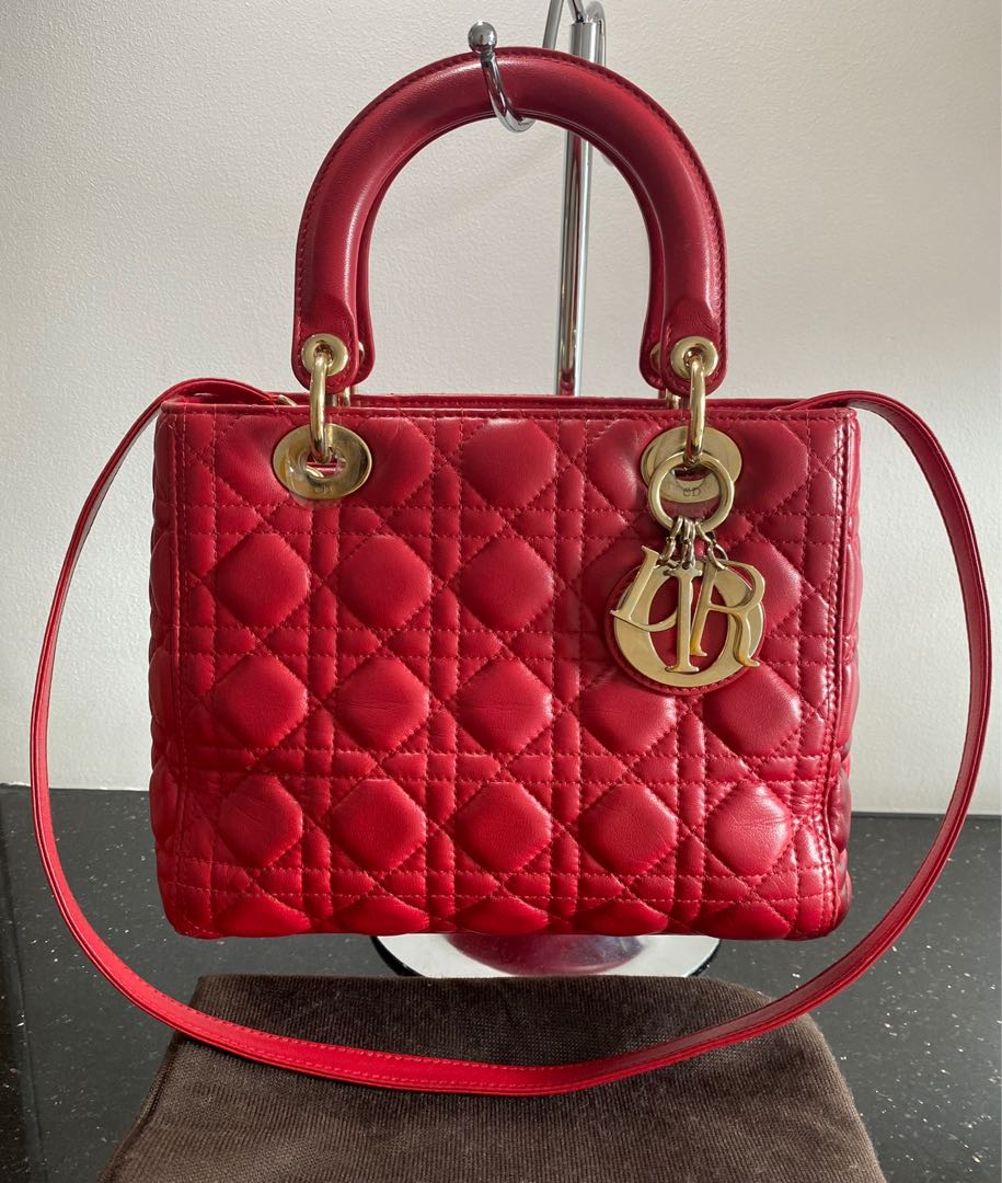 Authentic Original Lady Dior Cherry Red Medium Two way Bag, Luxury ...