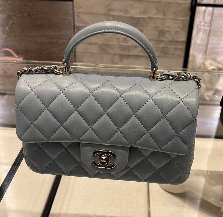 Chanel 22P - Mini flap with top handle (Light Blue), Luxury, Bags & Wallets  on Carousell