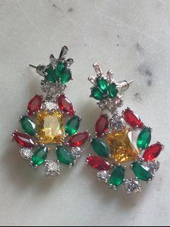 Italian design Ruby red, emerald green, citrine color CZ stone white gold plated earrings