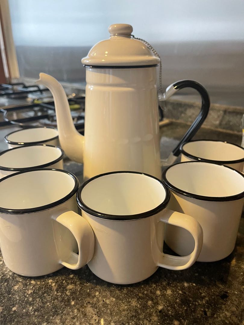 Japanese enamel teapot & 6 cups, Furniture & Home Living, Kitchenware