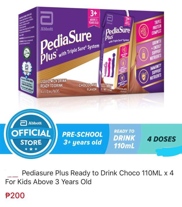 Pediasure ready to drink vanilla or chocolate (Category: Health Food, Drinks & Tonics) located in Marikina City. Submitted by ashley_closet (Listing ID 1138679521, Image 1). Description: 4x110ml 200 pesos only.