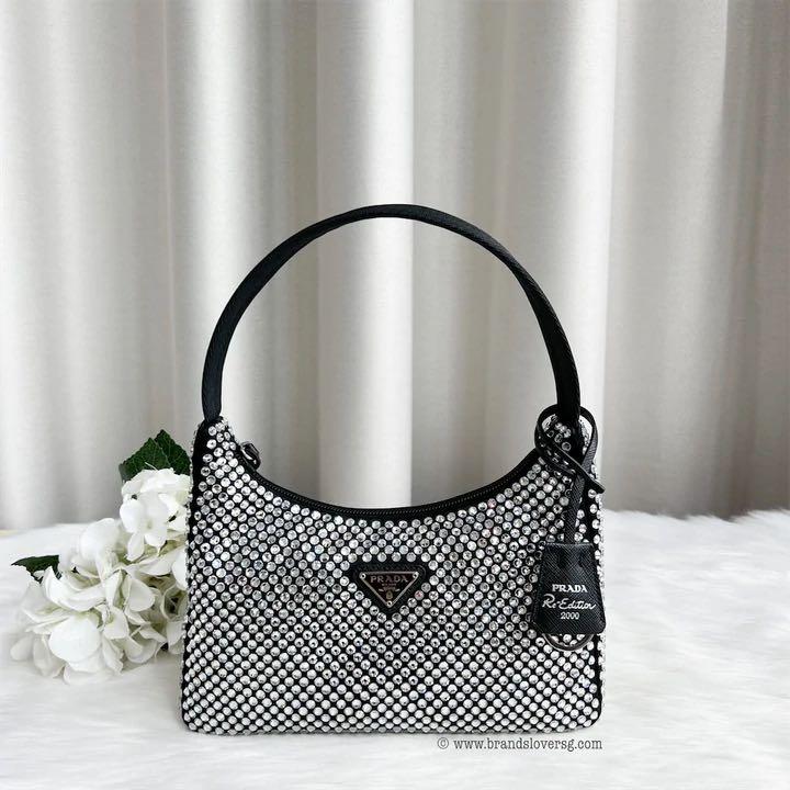 Prada Re-Edition 2000 White Satin Silver Crystal Nylon Shoulder Mini Hobo  Bag