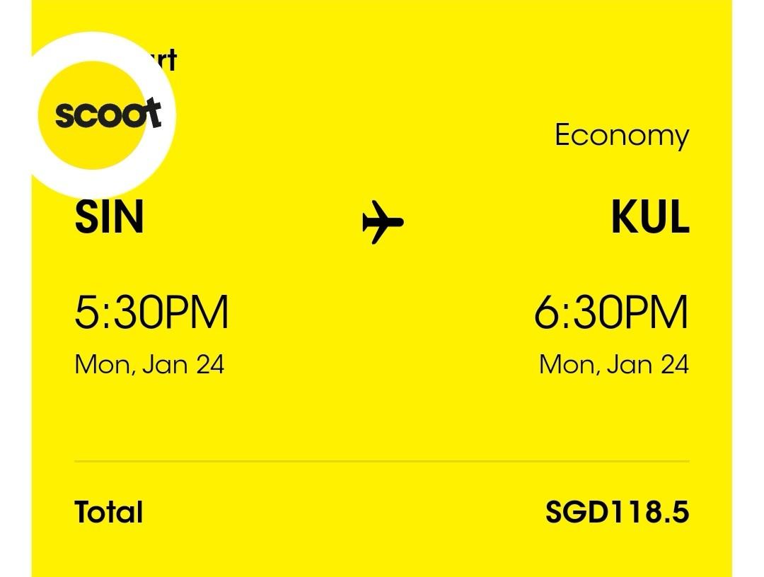 Selling one way Scoot VTL flight ticket on 24th Jan (Singapore to Malaysia) TR 472, Tickets