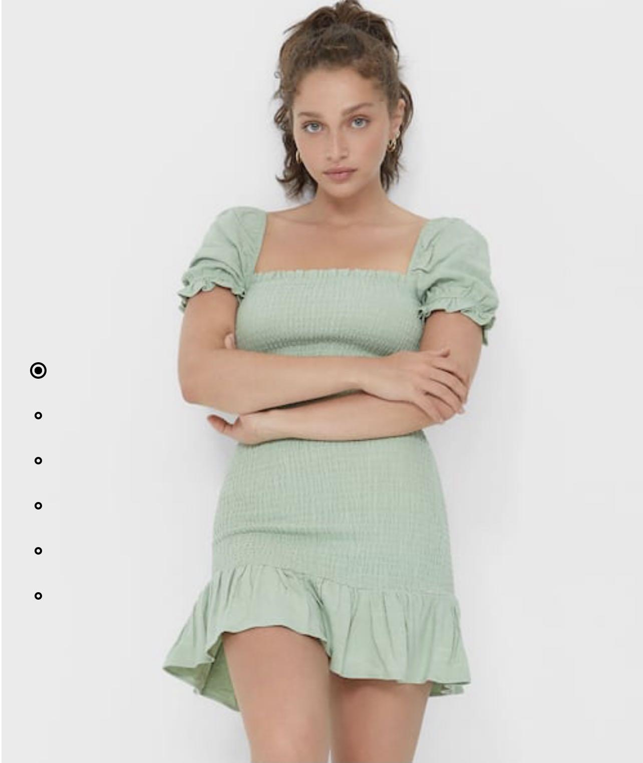 Stradivarius sage green elastic smocked puffsleeve dress Women s