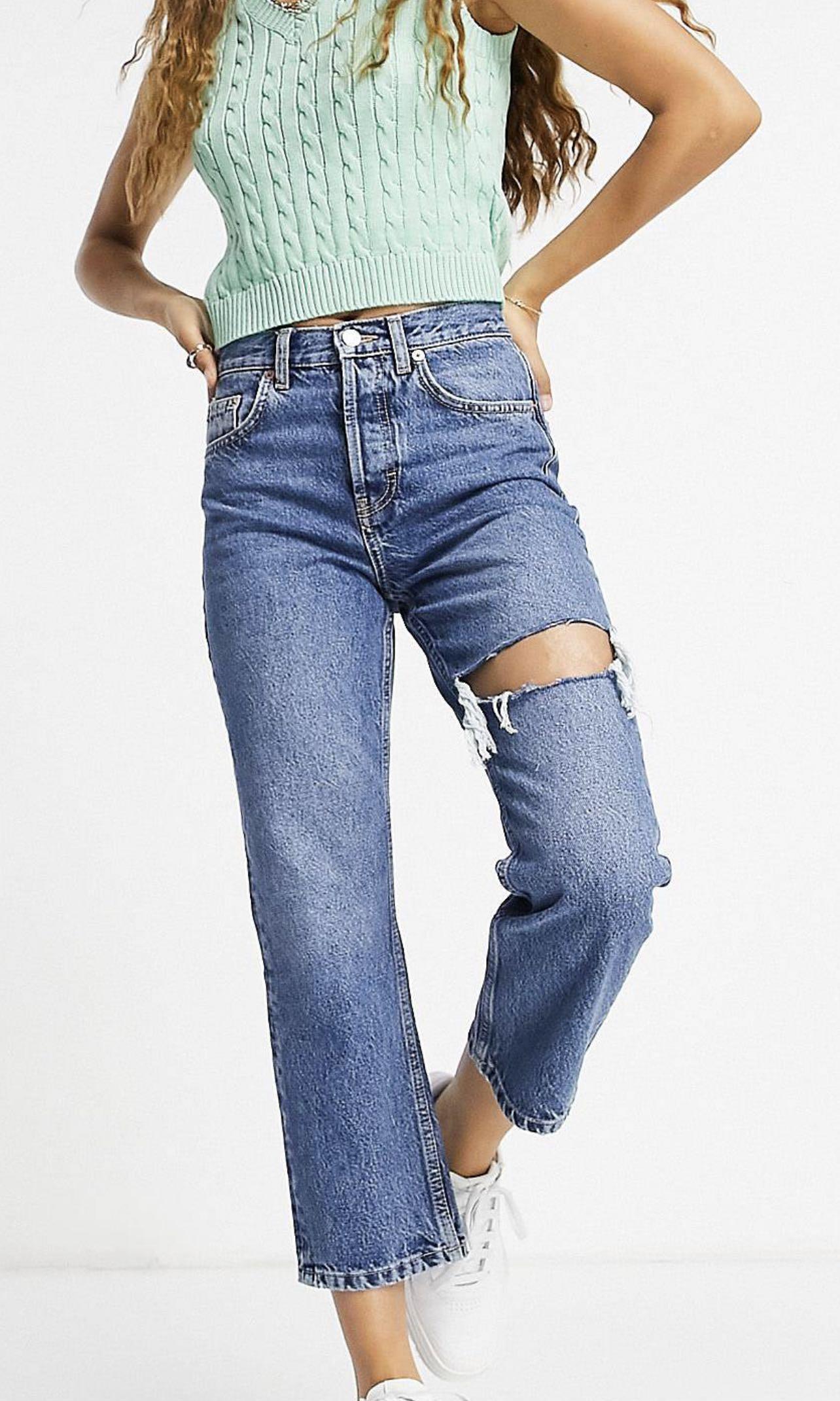 Topshop petite mid blue thigh rip editor jeans, Women's Fashion