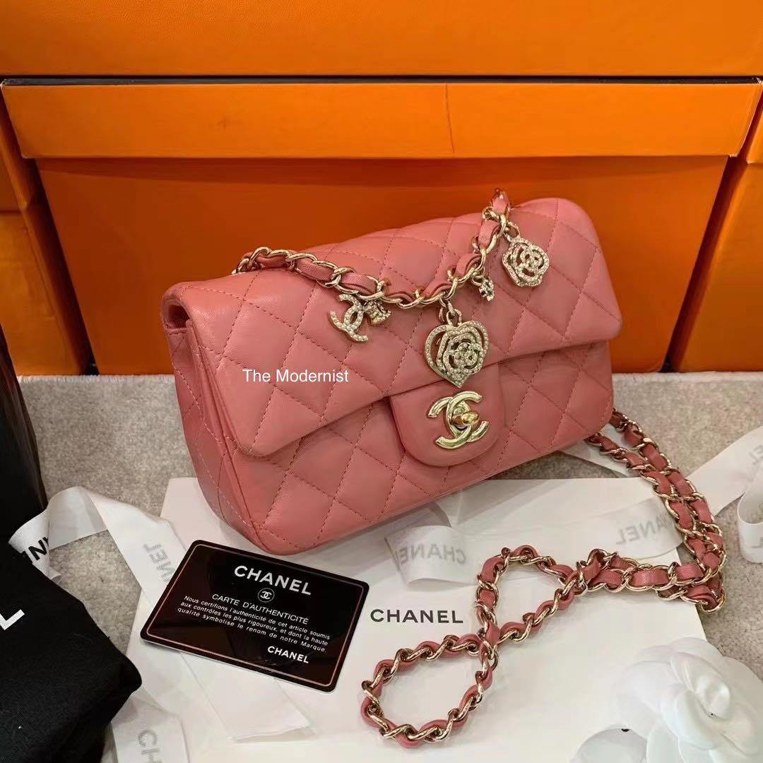 Authentic Chanel Valentine Pink Lambskin Mini Rectangular With Charms
