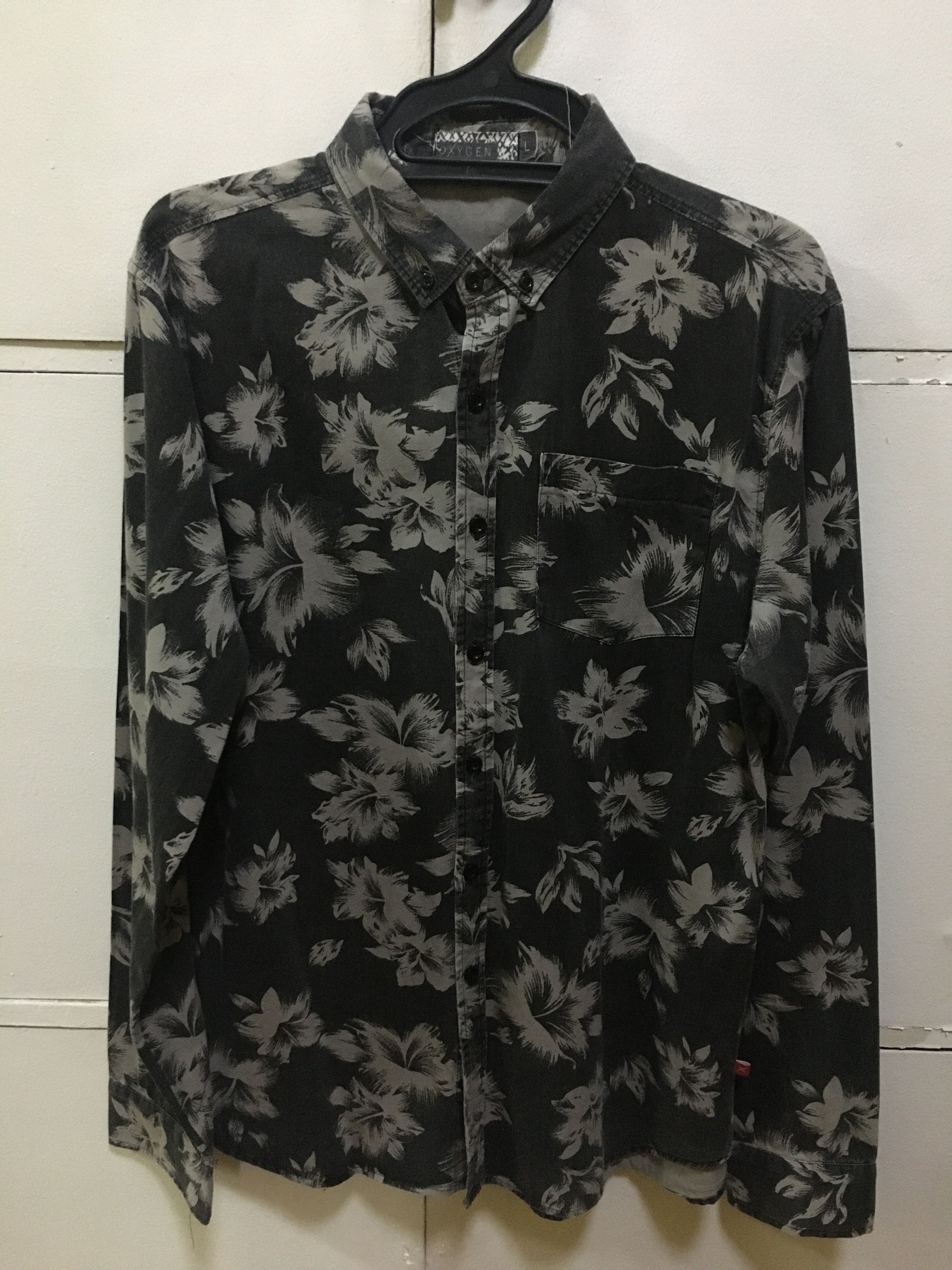 Black floral long sleeve polo shirt
