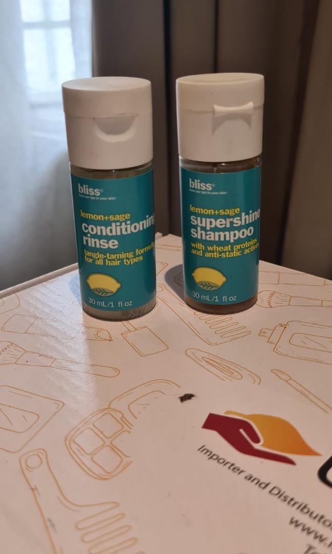 Bliss travel size mini shampoo and conditioner (Category: Bath) located in Manila. Submitted by foxydivas (Listing ID 1138935038, Image 1). Description: Bliss travel size shampoo amd conditioner Lemon and sage From U.S..