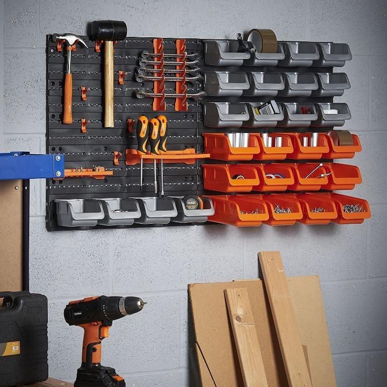 BML VonHaus 44 Piece Wall Mounted Pegboard Hook Storage Bins and Panel Set DIY Garage Storage Wall Mount System with Rack and Bin Accessories Tool Parts and Craft Organizer Everything
