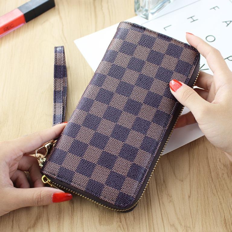 Daisy Rose Dual Zipper Hand Strap Zip Around Wallet and Phone Clutch for Women - RFID Blocking Checkered Card Holder Organizer PU Vegan Leather 