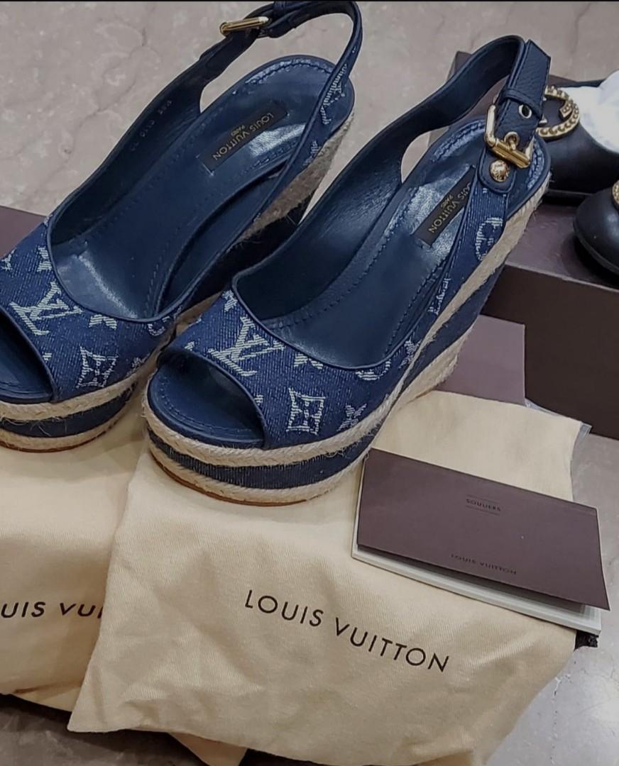 Louis Vuitton Blue Denim Formentera Ankle Strap Platform Wedge Sandals Size 36