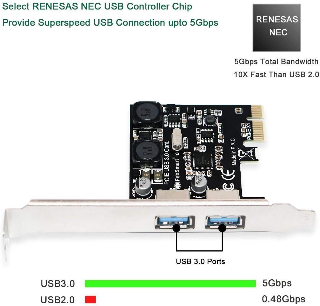 FebSmart 2 Ports USB 3.0 Super Fast 5Gbps PCI Express (PCIe) Expansion
