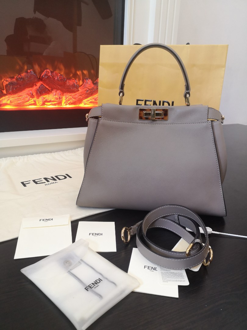 FENDI PEEKABOO Medium Size in Silk Calfskin Leather Dove Gray