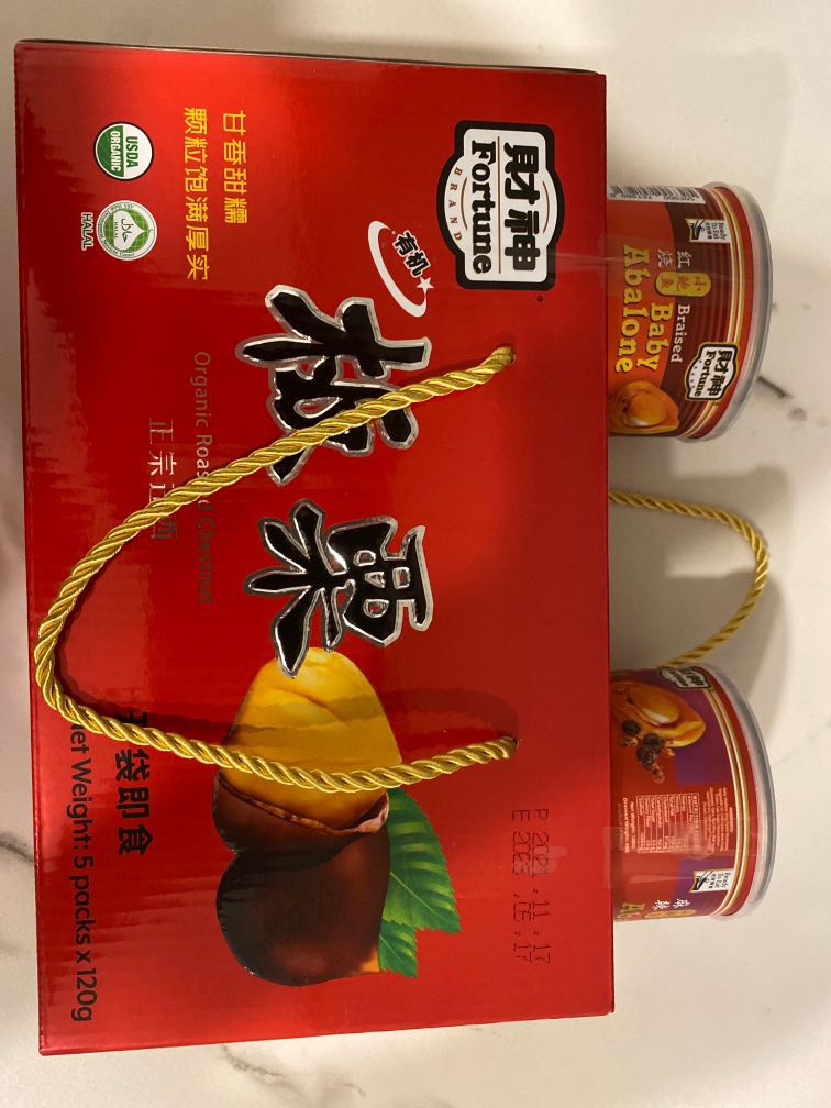 Fortune organic roasted chestnuts and 2 braised baby abalone, Food