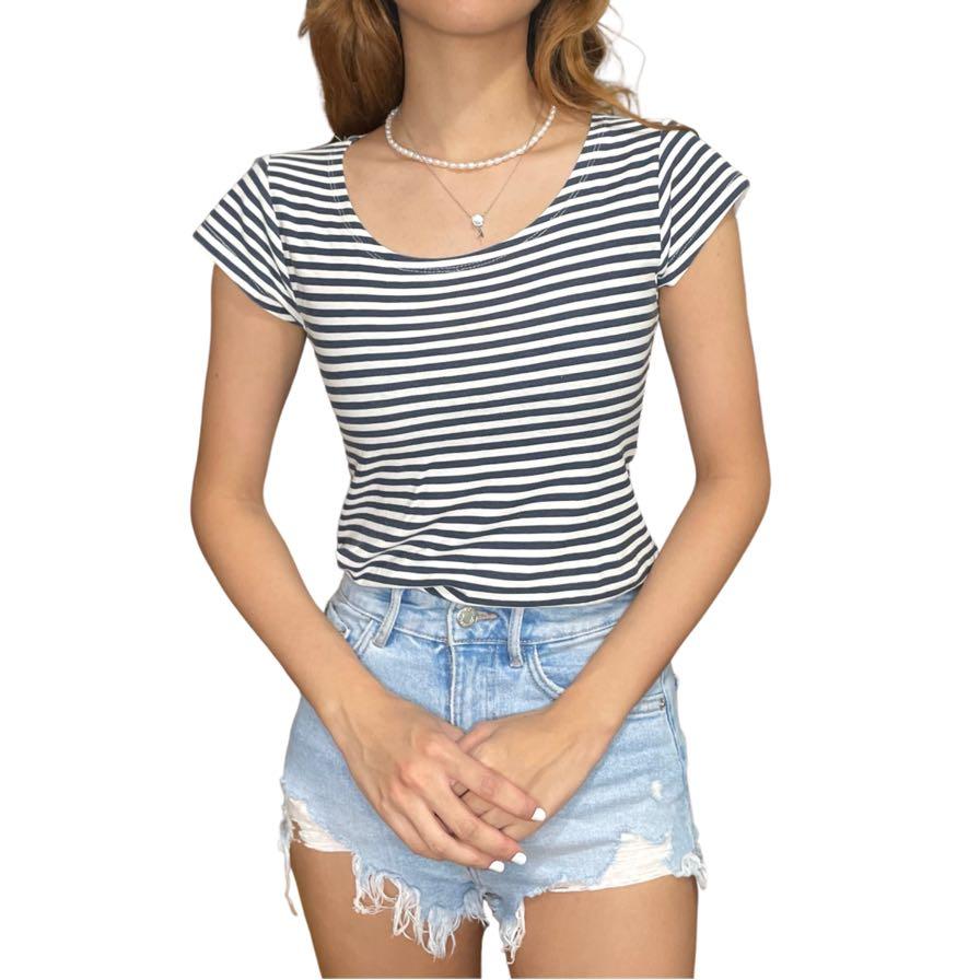 Navy Blue & White Stripes Shirt, Women's Fashion, Tops, Shirts on Carousell