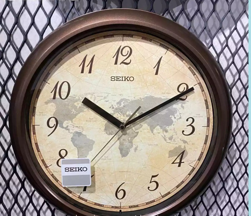 Seiko Clock QHA006ZL World Map Brown Case Numeral Analog Quartz Wall