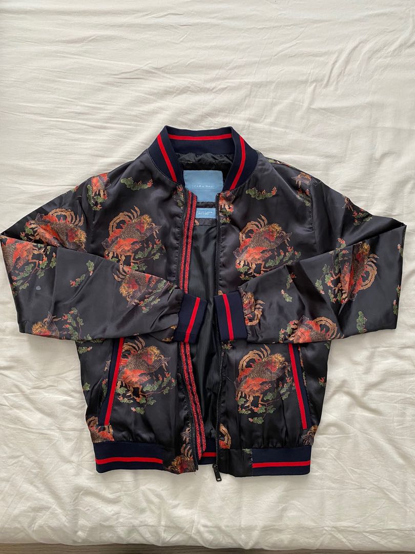 Zara Man Bomber Jacket Unique Print with Red striped zipper Lining, Men ...