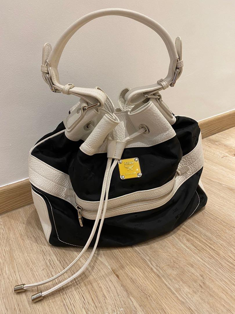 Authentic MCM large bucket bag black monogram with white leather
