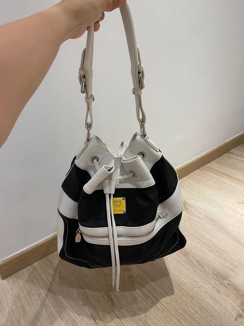 Authentic MCM large bucket bag black monogram with white leather