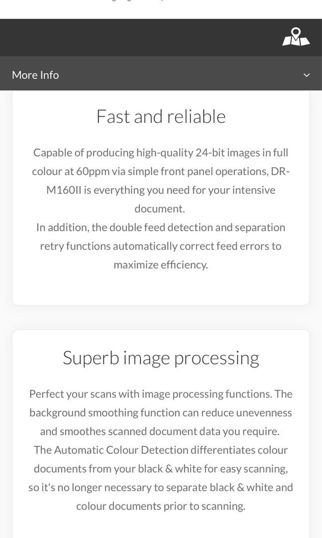 CANON SCANNER DR-M160II (Category: Printers, Scanners & Copiers) located in Makati City. Submitted by manercal (Listing ID 1138958594, Image 3). Description: The DR-M160II is well suited for workgroups and departments in any industry and provides the basis for efficient records management and helps reduce paperwork. It can scan up to 60 pages per minute - both sides in a single pass - and holds up to 60 sheets in the ADF; it quickly captures and 