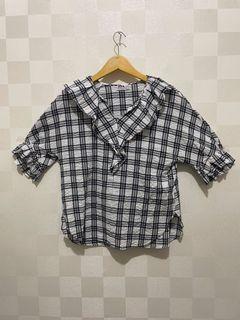 CHATELAINE TOPS ORIGINAL/BLOUSE LENGAN PENDEK MODEL VINTAGE KERAH RAFFLE MOTIF KOTAK-KOTAK BAHAN KATUN TEBAL