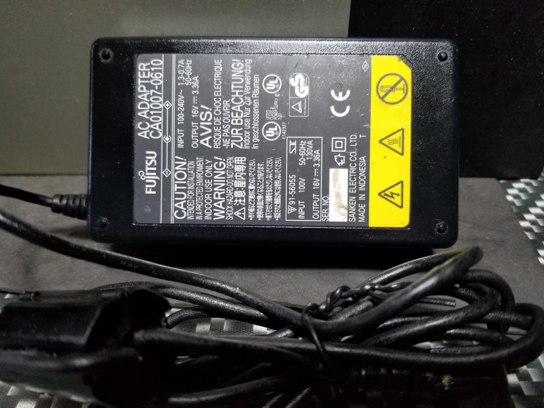 Fujitsu laptop power supply (Category: Chargers) located in Dasmarinas. Submitted by d.lelis (Listing ID 1139037280, Image 2). Description: Fujitsu power supply fujitsu power adaptor original output 16volts 3.36amp input 100 to 240volts autovolt 1..3 0.7 amp 50 60 hz.