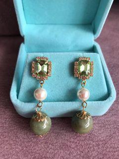 Hand made earrings with pearl beads, jade and silver post