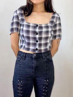 (M) H&M Plaid Button Up Crop Top