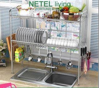 NETEL 2-tier kitchen rack sink top cutlery rack with chopstick rest 304 stainless steel height-adjustable sink drying