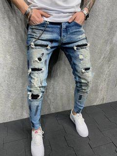 Men's Jeans Fall Pantalon Moto Homme High Street Fashion Ripped For Men  Straight Hole Skinny Biker