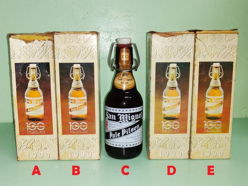 San Miguel Beer Centennial Commemorative Bottle (Category: Vintage Collectibles) located in Quezon City. Submitted by kalye_treasures (Listing ID 1139086364, Image 1). Description: San Miguel Beer Centennial Commemorative Bottle Take all Php4,500 A, B, D and E is Php1,000/Each C is Php800 Please check each picture Payment via - BDO - BPI - UB - RCBC - SB - Gcash - Paymaya Can do meet-up every after office hours at given meet-up place below.