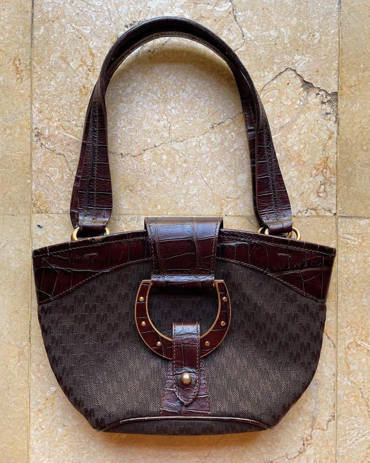 Authentic Max Mara canvas and croc emboss leather shoulder bag in