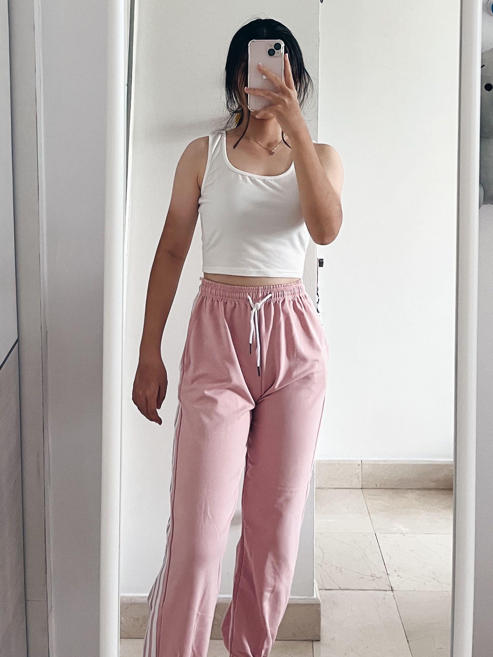 baby pink adidas 3 side stripe pants with pockets elastic waist sweatpants joggers track pants drawstring solid