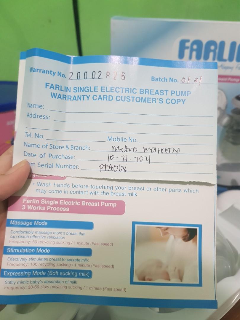 Breast pump Electric Single Comfortable Pump (Category: Breastfeeding & Bottle Feeding) located in Taguig. Submitted by imamethysy (Listing ID 1139185588, Image 3). Description: FARLIN SINGLE ELECTRIC BREAST PUMP 🙈 Once Used 🙈 Bagong Bago with Receipt and Warranty pa (See photos) 🙈sobrang comfortable kasi silicon ung sucking ring. walang sakit as in ! 🙈 Handy/ Di mo na need isaksak pag gagamitin kahit saan sa bahay pwede mo gamitin sis! 🙈 Re