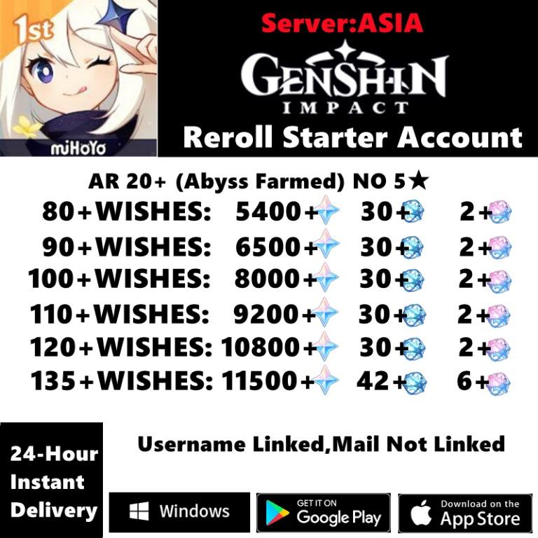 Primogems Fates Genshin Impact Reroll Starter Account AR20 INSTANT AMERICA 