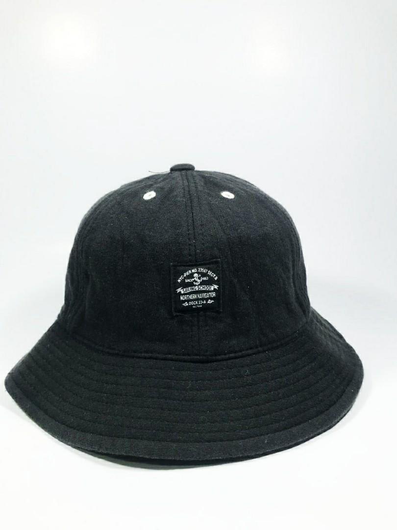 Hitam 6 panel Bucket Hat, Fesyen Pria 